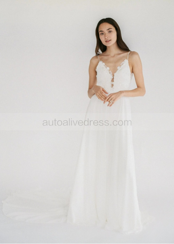 Spaghetti Straps Ivory Lace Chiffon Sweet Wedding Dress